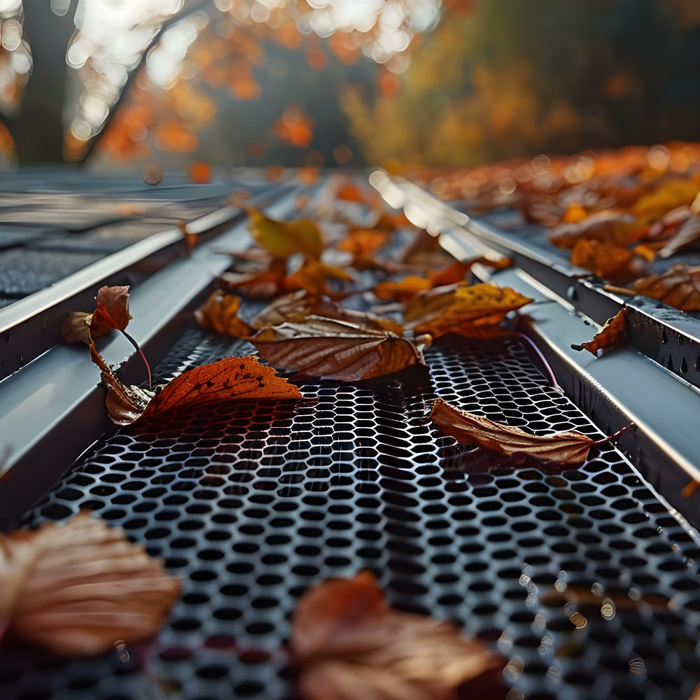 Autumn leaves on gutter guard mesh
