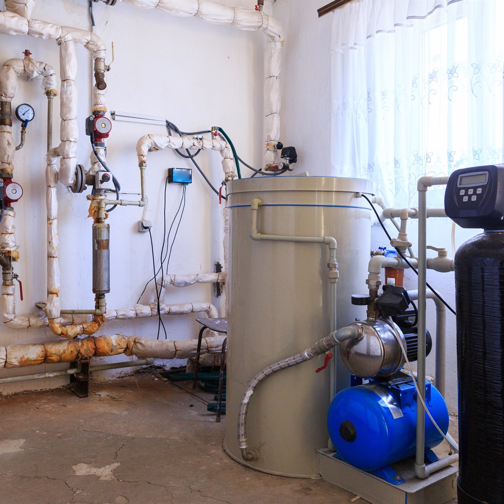 Basement heating system with pipes and water heater