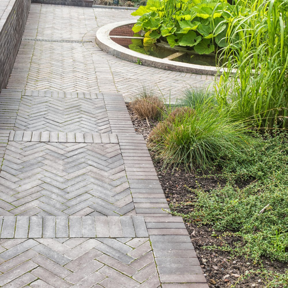 Brick pathway with pond and lush greenery