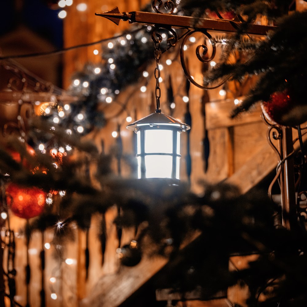 Christmas ornaments and lights at night