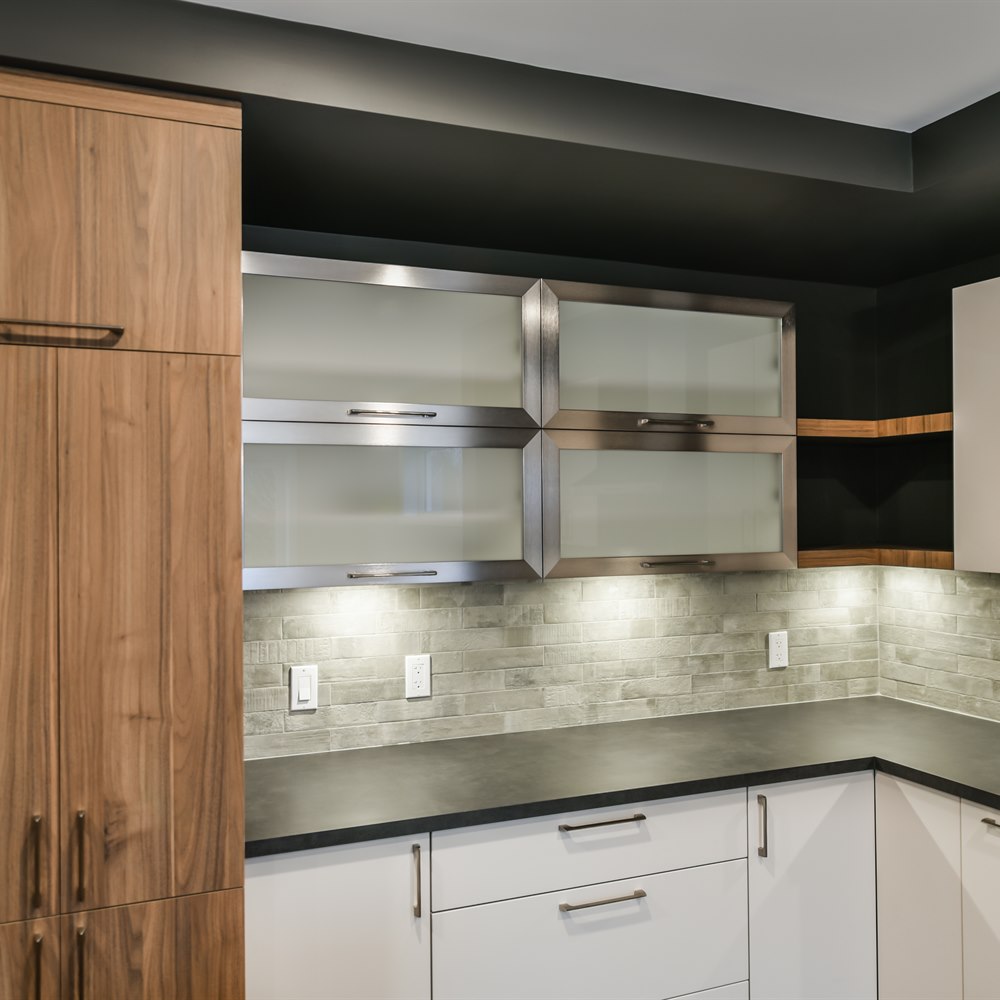 Clean modern kitchen interior with wood