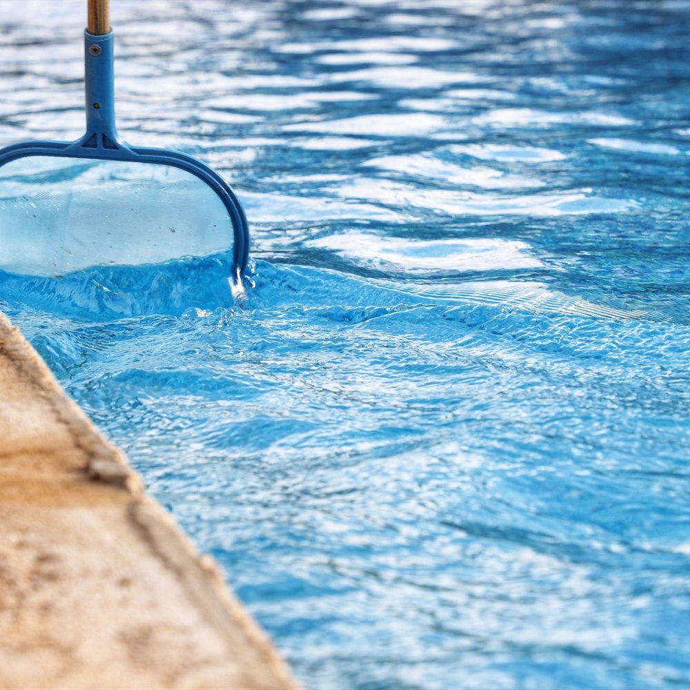 Cleaning a swimming pool with a net skimmer