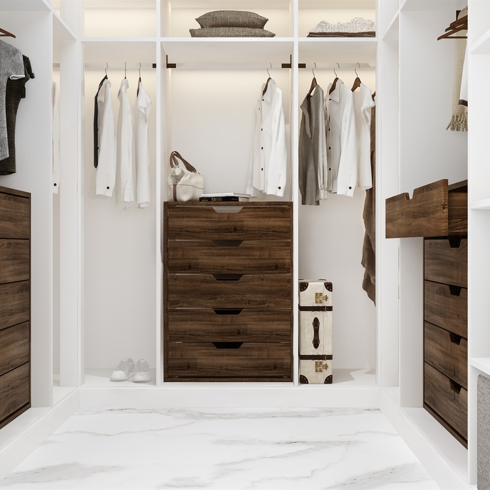 Closet interior design with shelves and drawers
