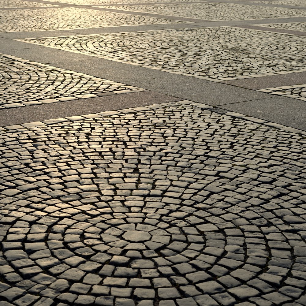 Cobblestone pattern with sunlight on urban street