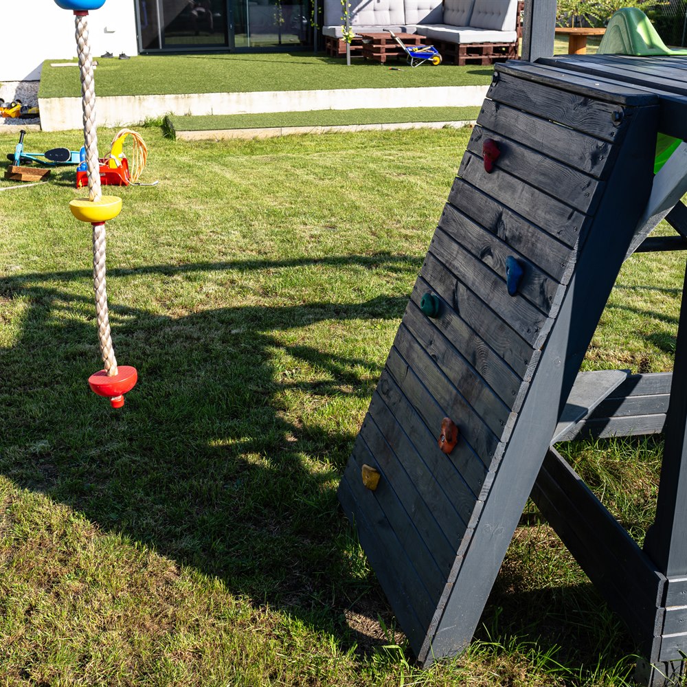 Colorful play structure in a sunny backyard