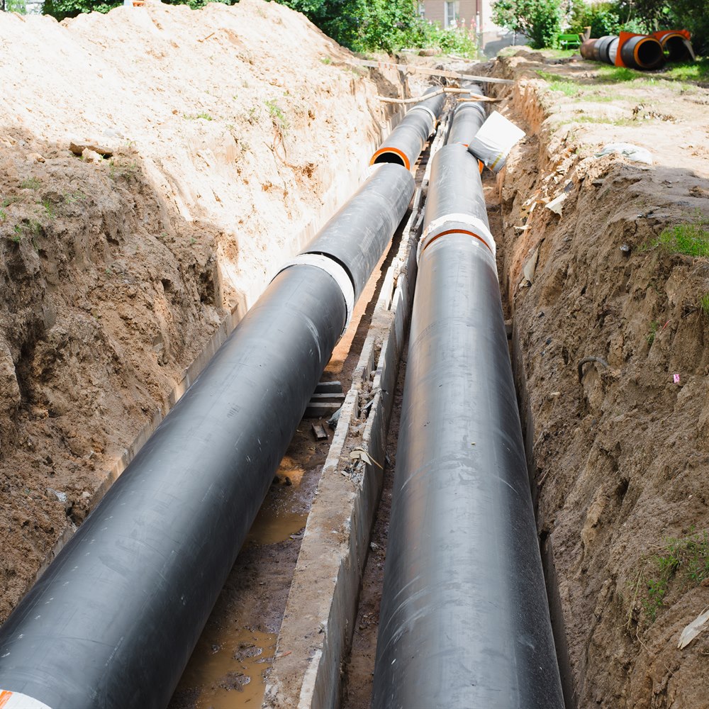 Construction site with large black pipes in trench