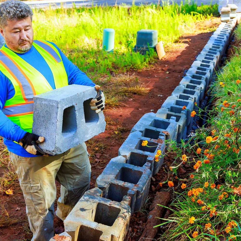 Construction worker laying cinder blocks outside