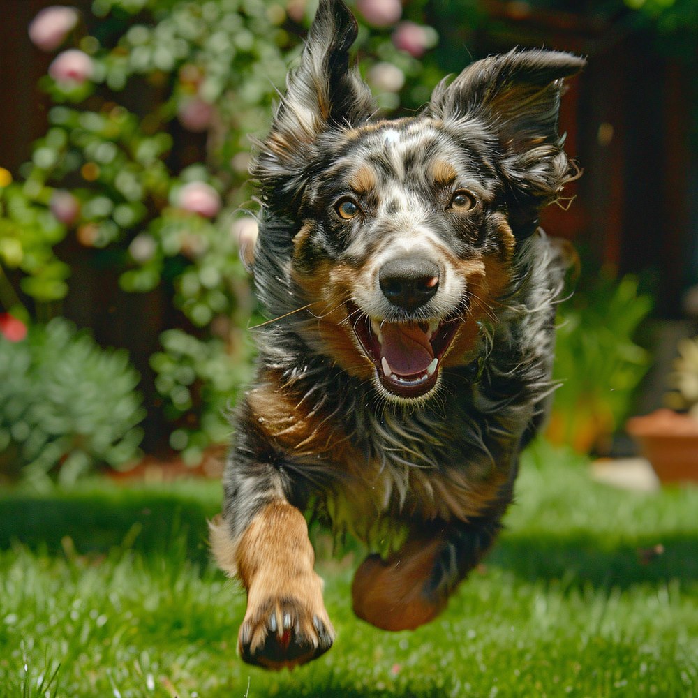 Dog running in a fenced backyard