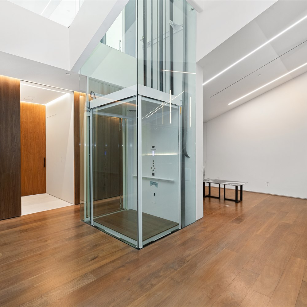 Elevator inside modern building with wood