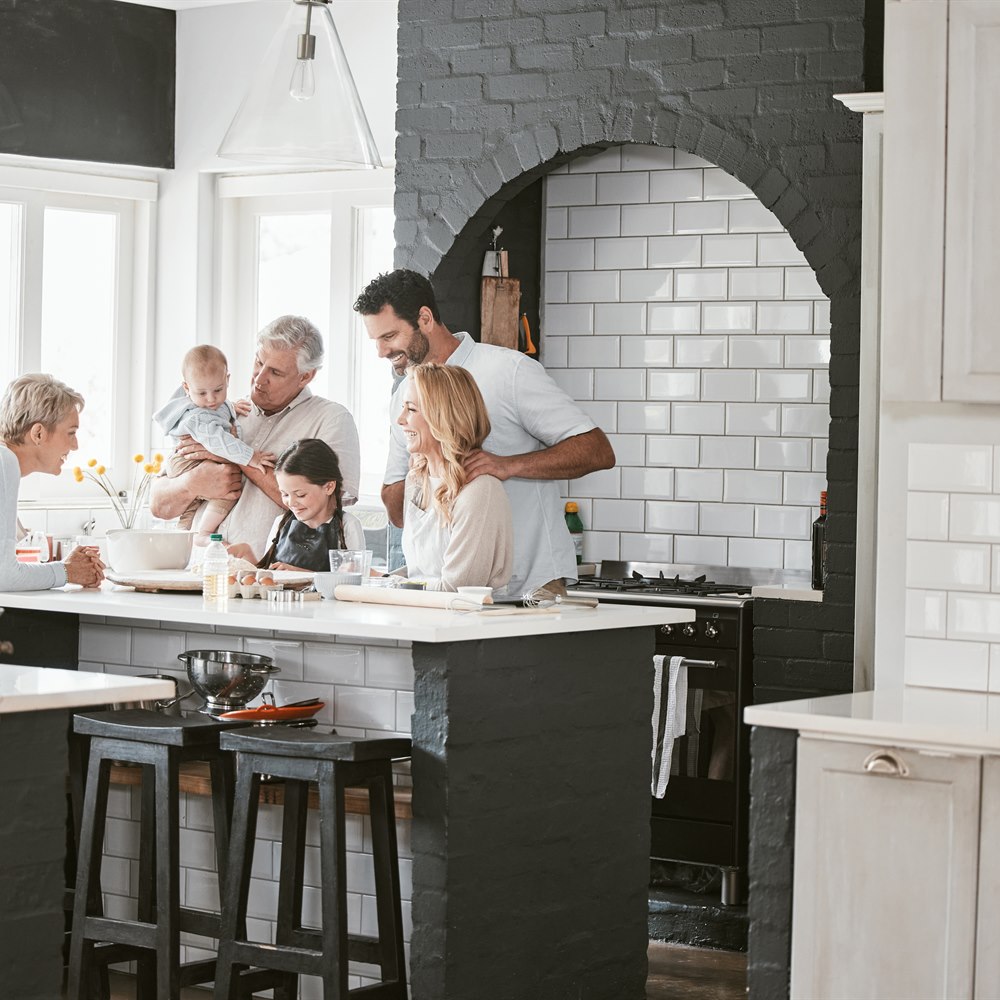 Family baking together in a bright kitchen