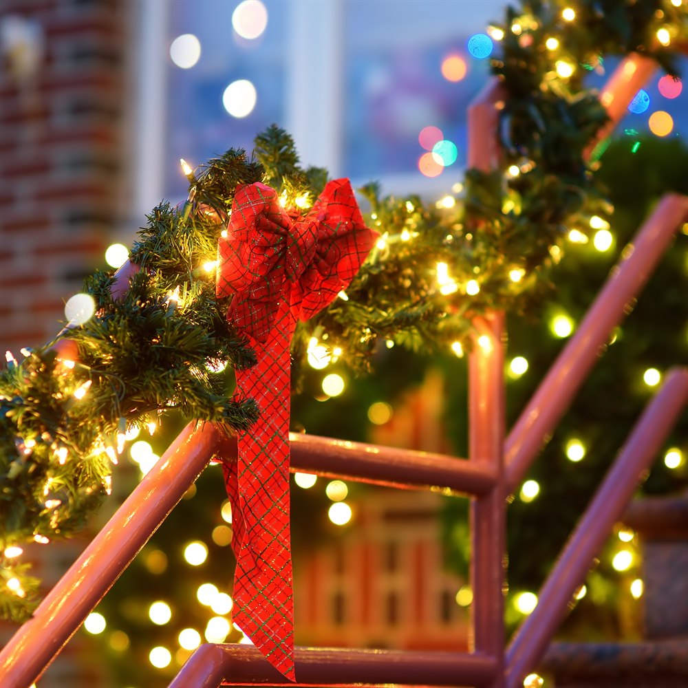 Festive christmas decorations on stairs at night