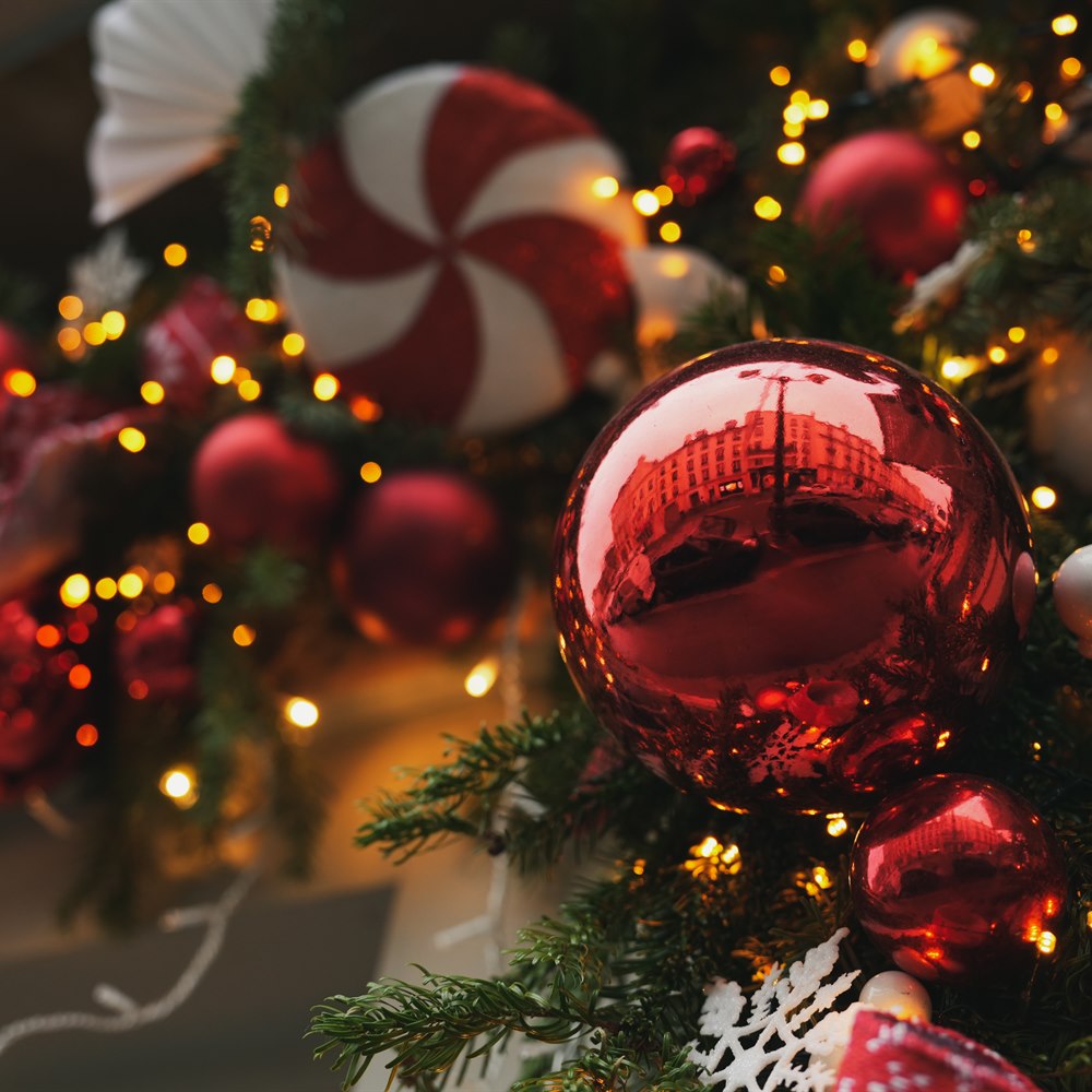 Festive christmas tree ornaments and holiday decor