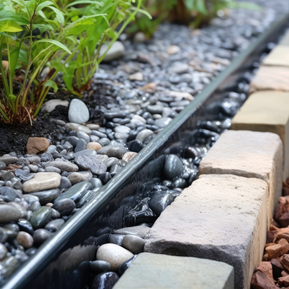 Garden drainage channel with pebbles
