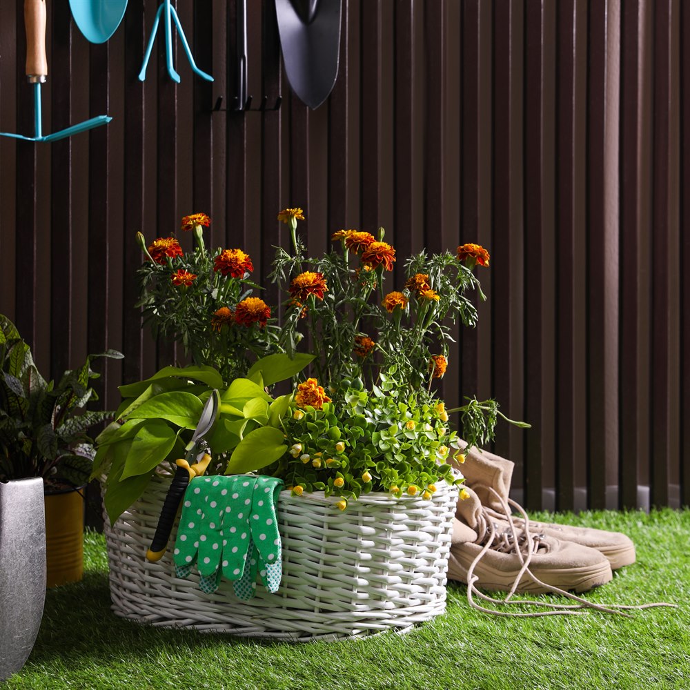 garden-tools-and-flowers-in-a-basket Garden tools and flowers in a basket