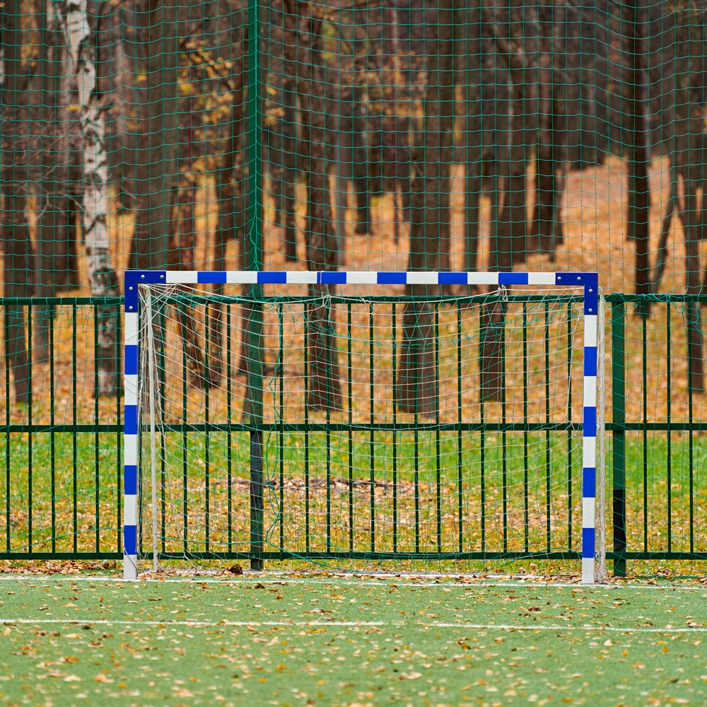 Goal on a green field behind metal fence