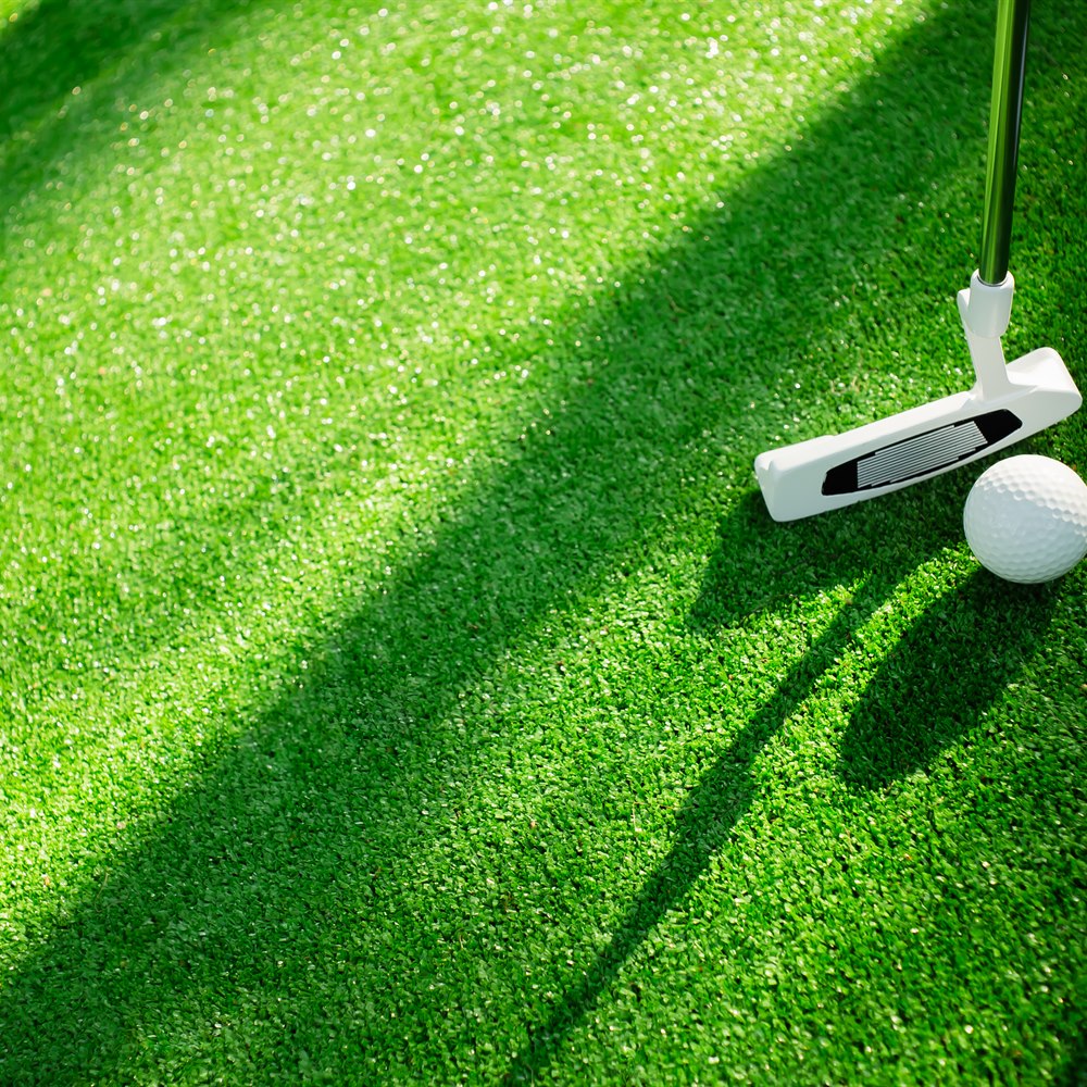 Golf club and ball on green artificial grass