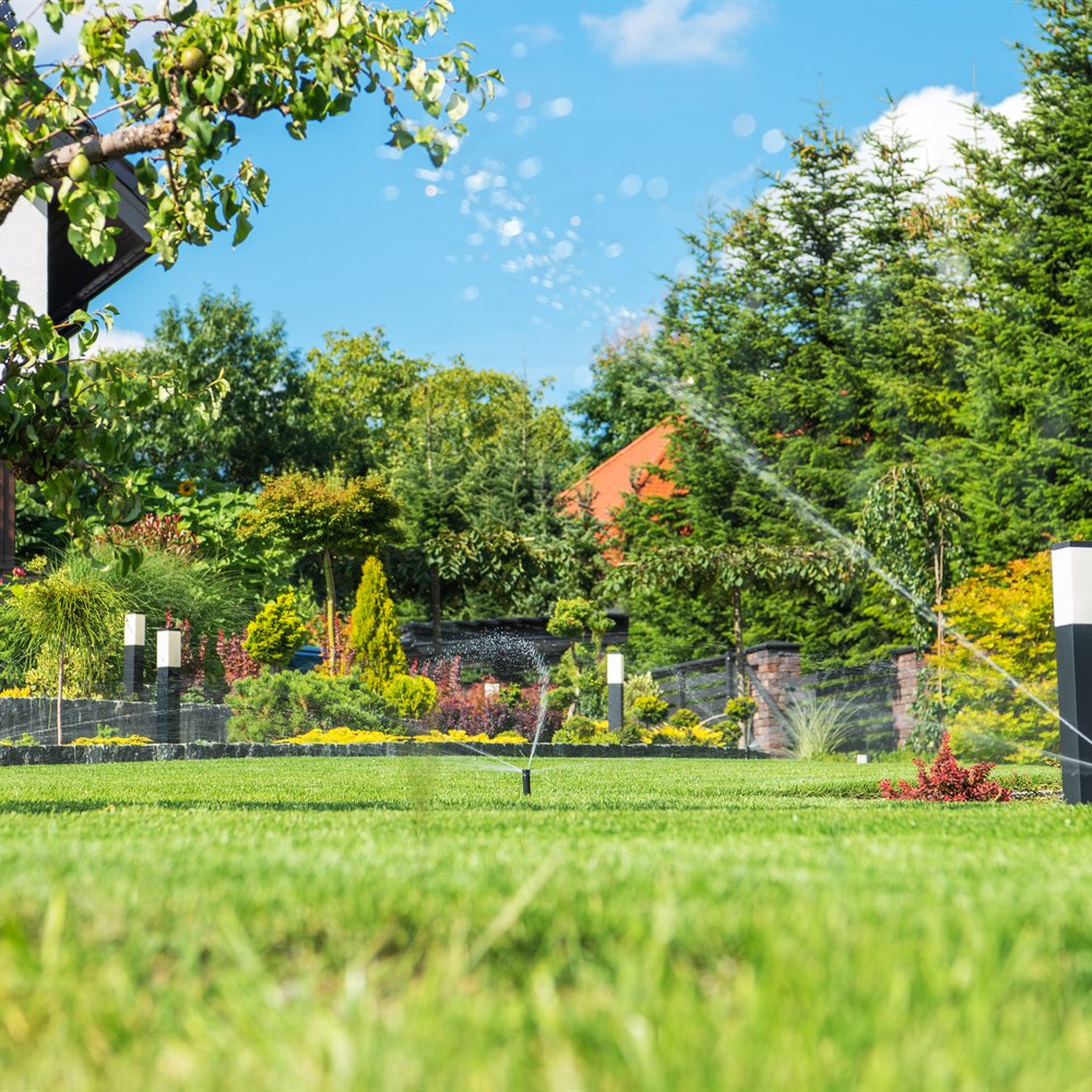 Lush backyard garden sprinklers watering green lawn