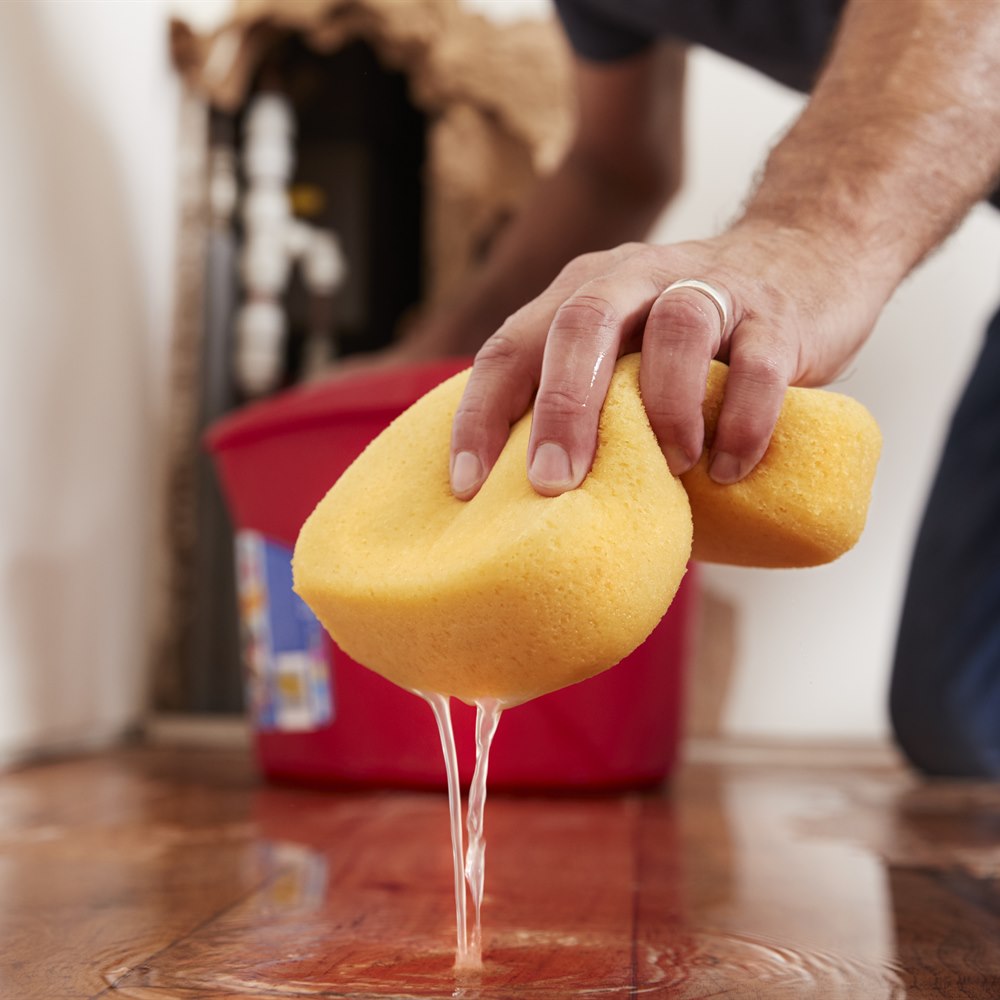 man-cleans-water-damage-with-sponge-at-home Man cleans water damage with sponge at home
