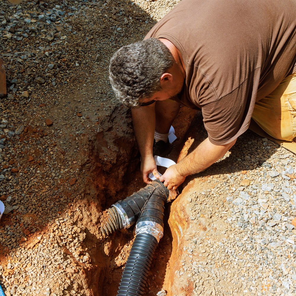 man-installs-black-corrugated-drain-pipe-in-trench Man installs black corrugated drain pipe in trench