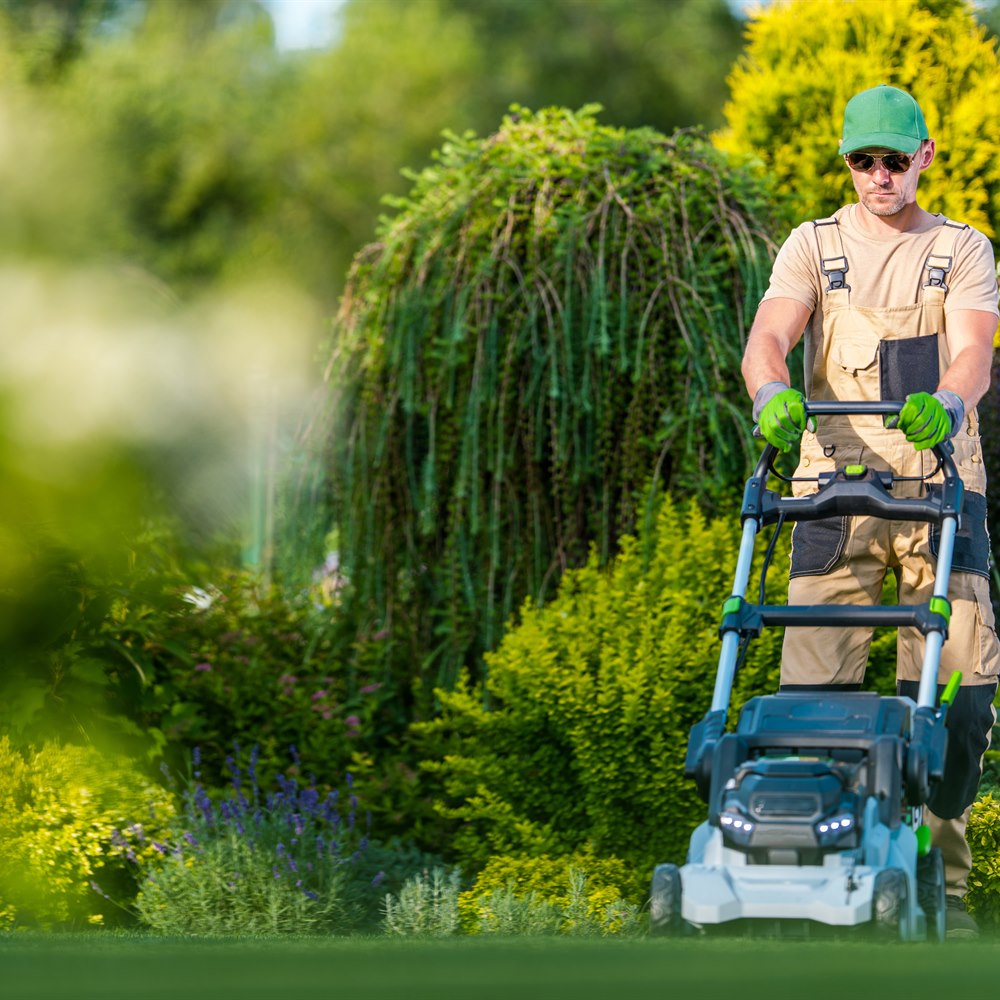 Man mowing the lawn in a beautiful garden