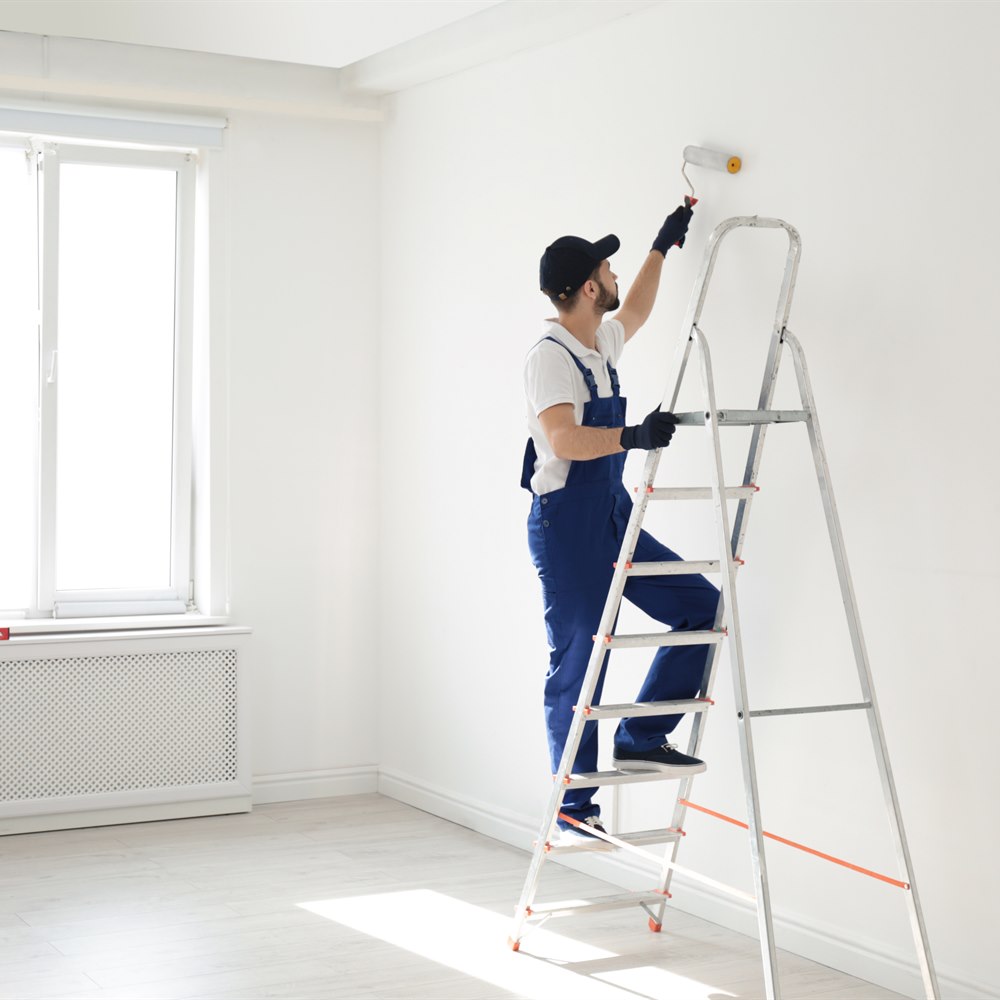 Man painting interior wall on ladder indoors