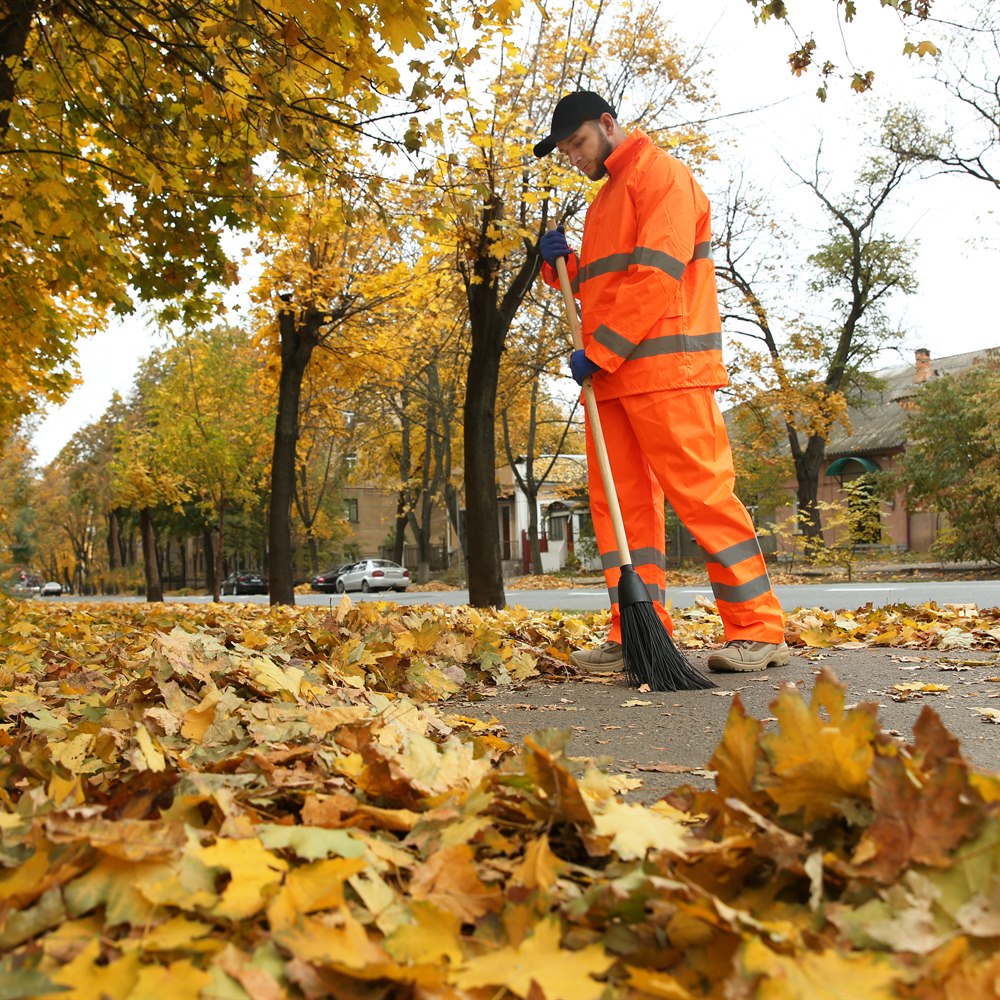Man sweeping autumn leaves on city street