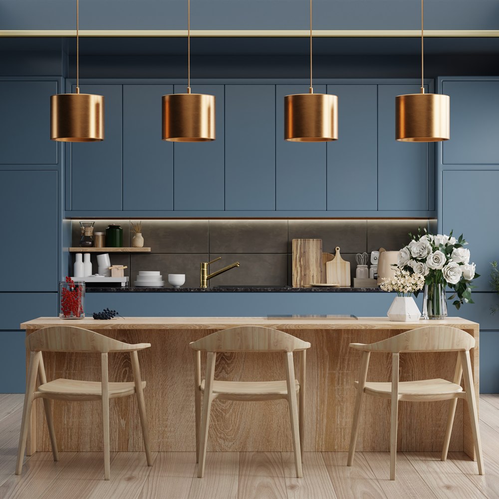 Modern kitchen interior design with island and chair