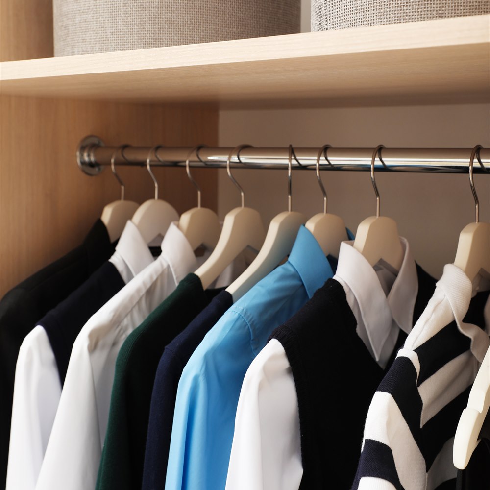 neat-closet-with-clothes-hanging-on-rod Neat closet with clothes hanging on rod