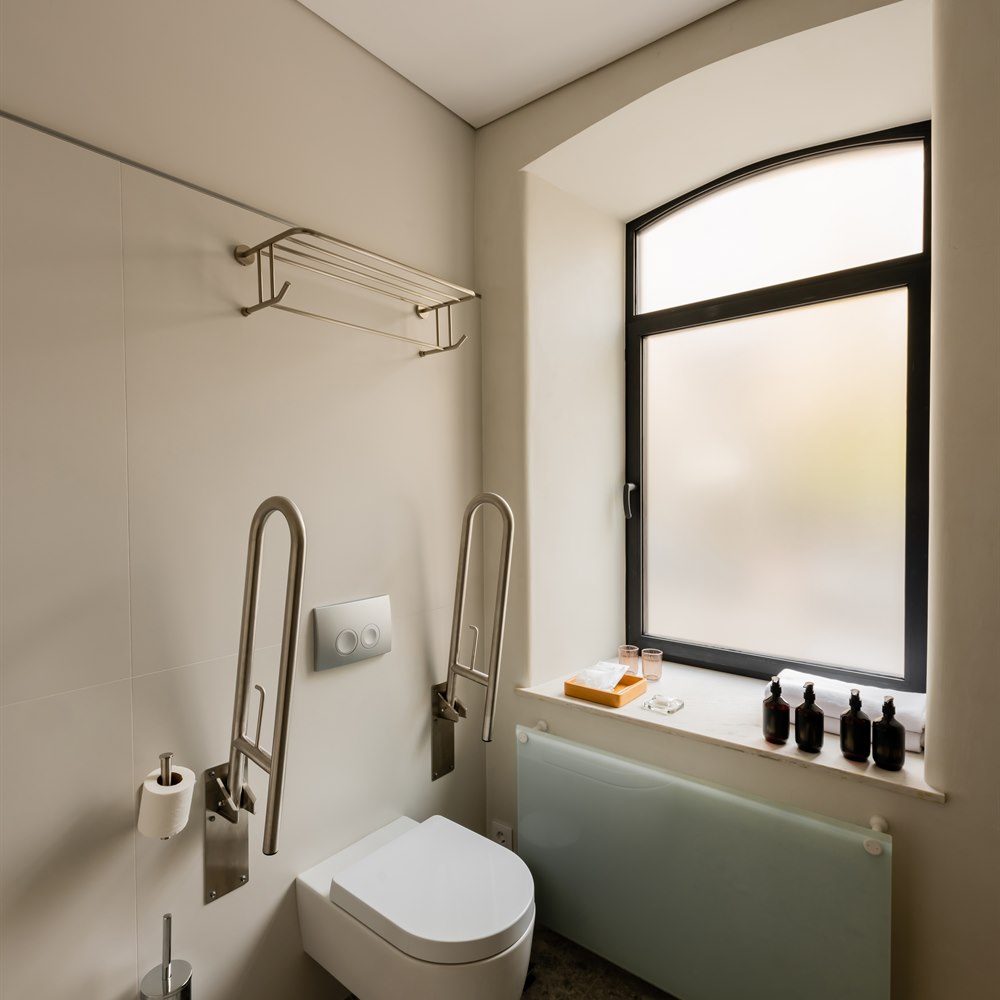 Neutral bathroom design with toilet and accessibil