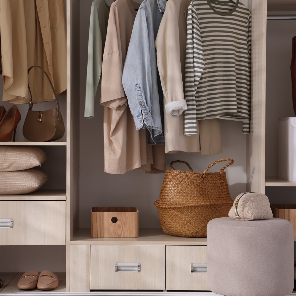 Organized modern wooden wardrobe with neutral color
