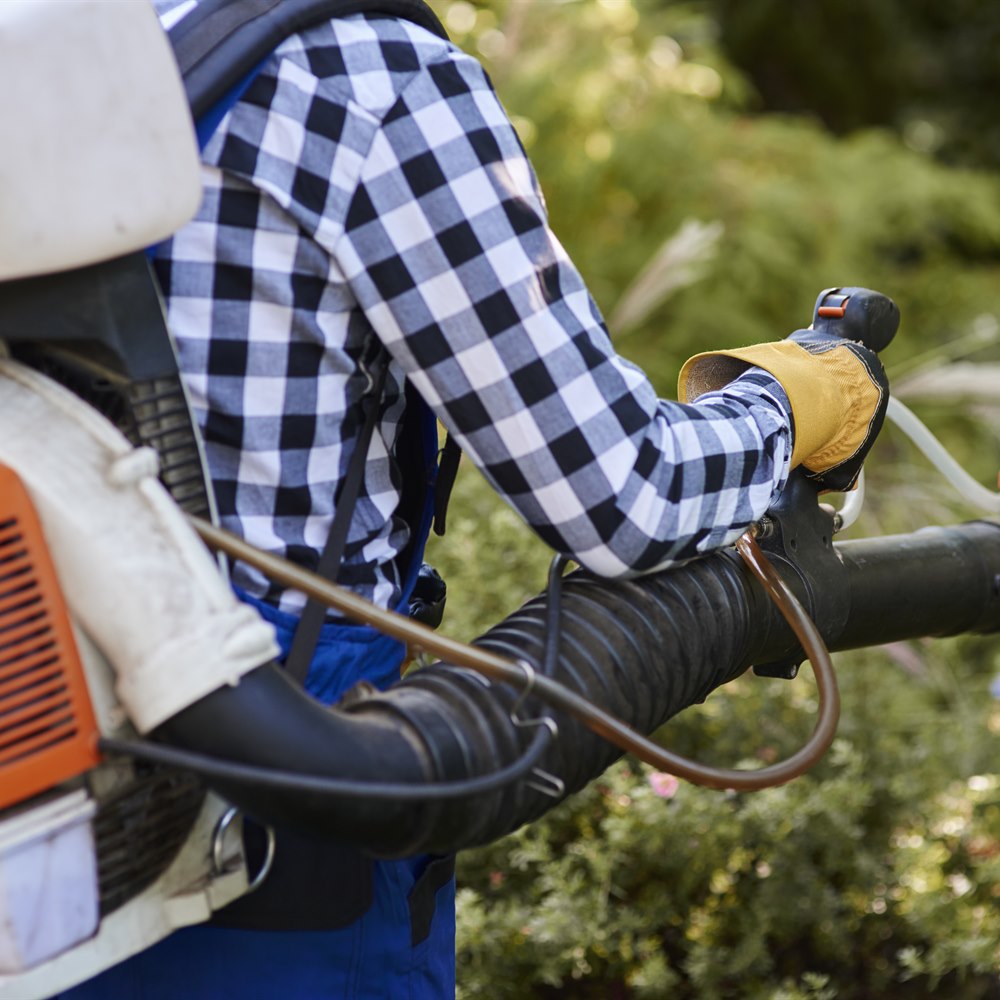 Person operating a leaf blower in garden