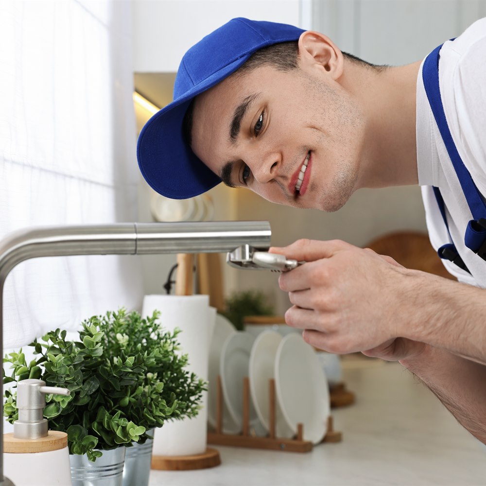 Plumber with wrench inspecting faucet in kitchen