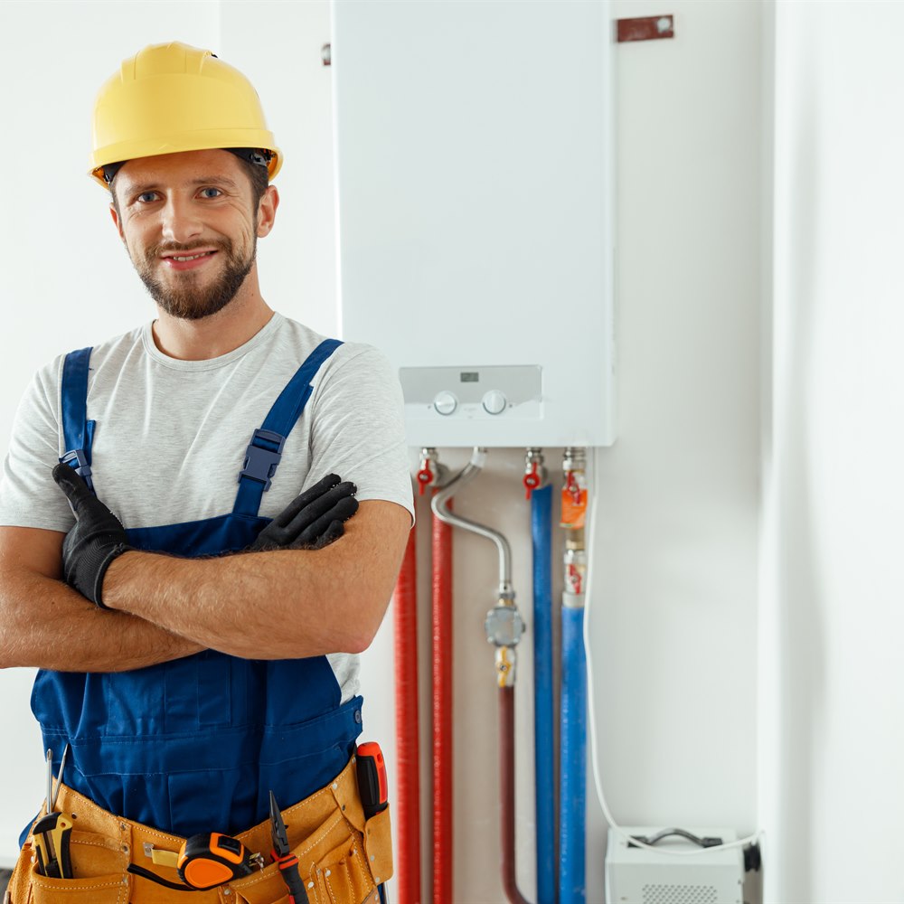 Smiling plumber in hardhat standing indoors