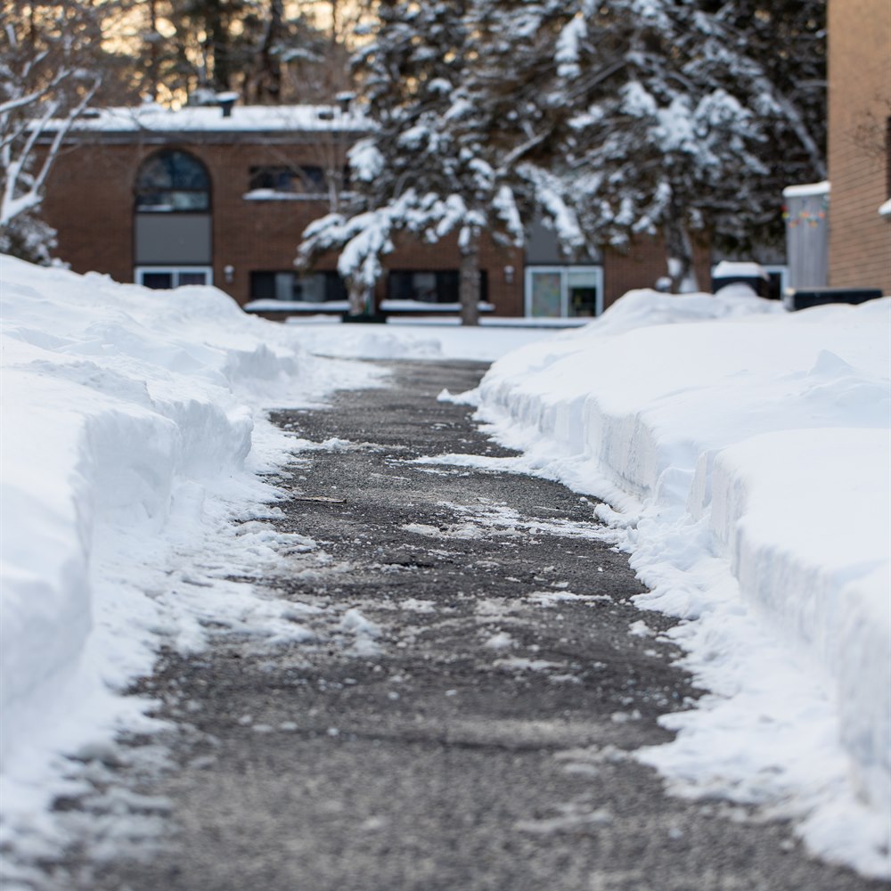 Snowy path through an urban winter landscape