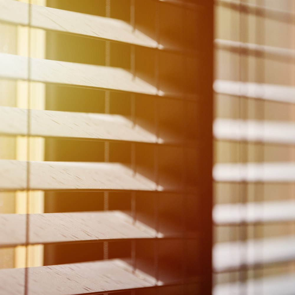Sunlight streaming through window blinds