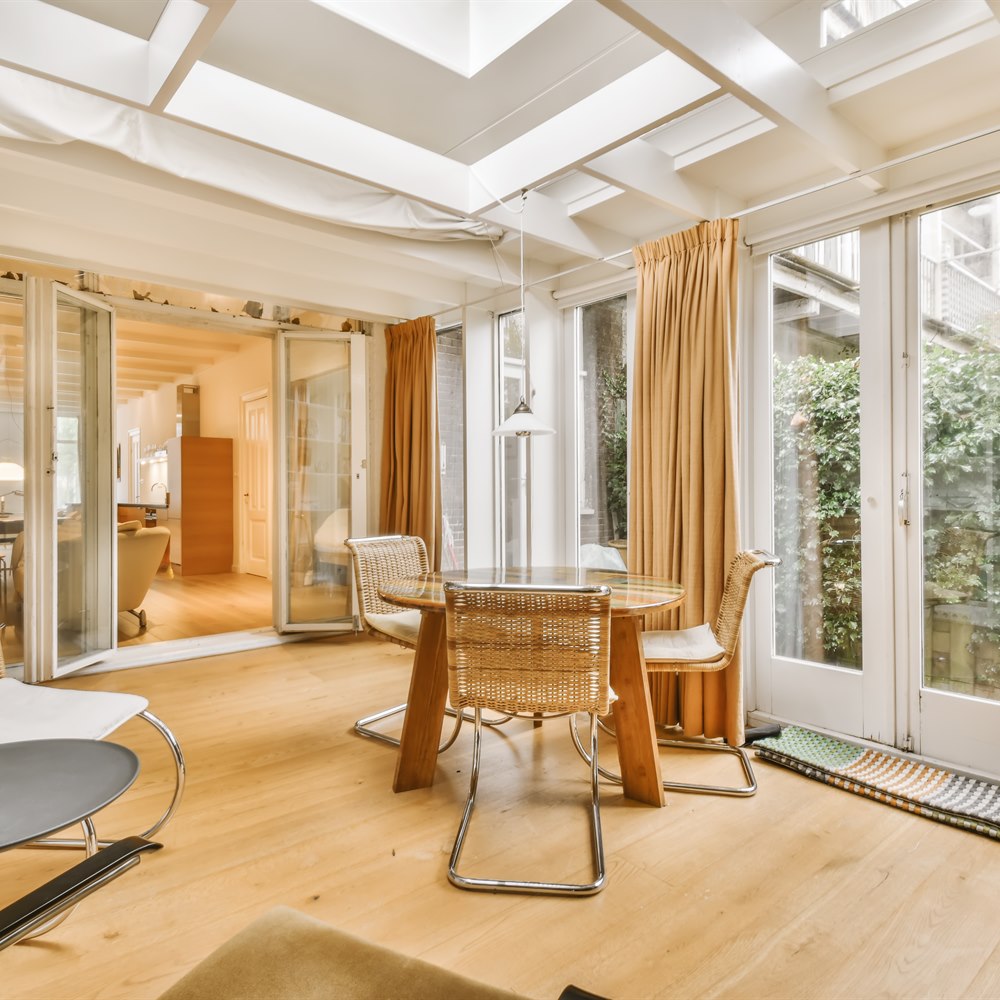 Sunlit reading room with natural wood accents