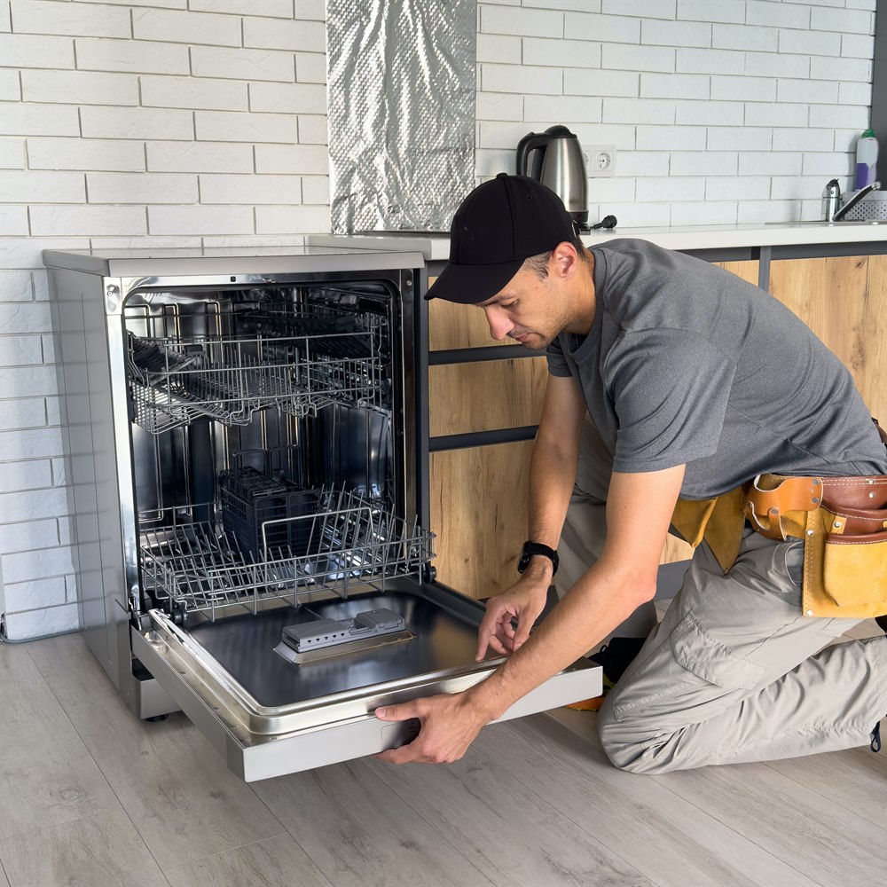 Technician repairing a dishwasher in modern kitchen