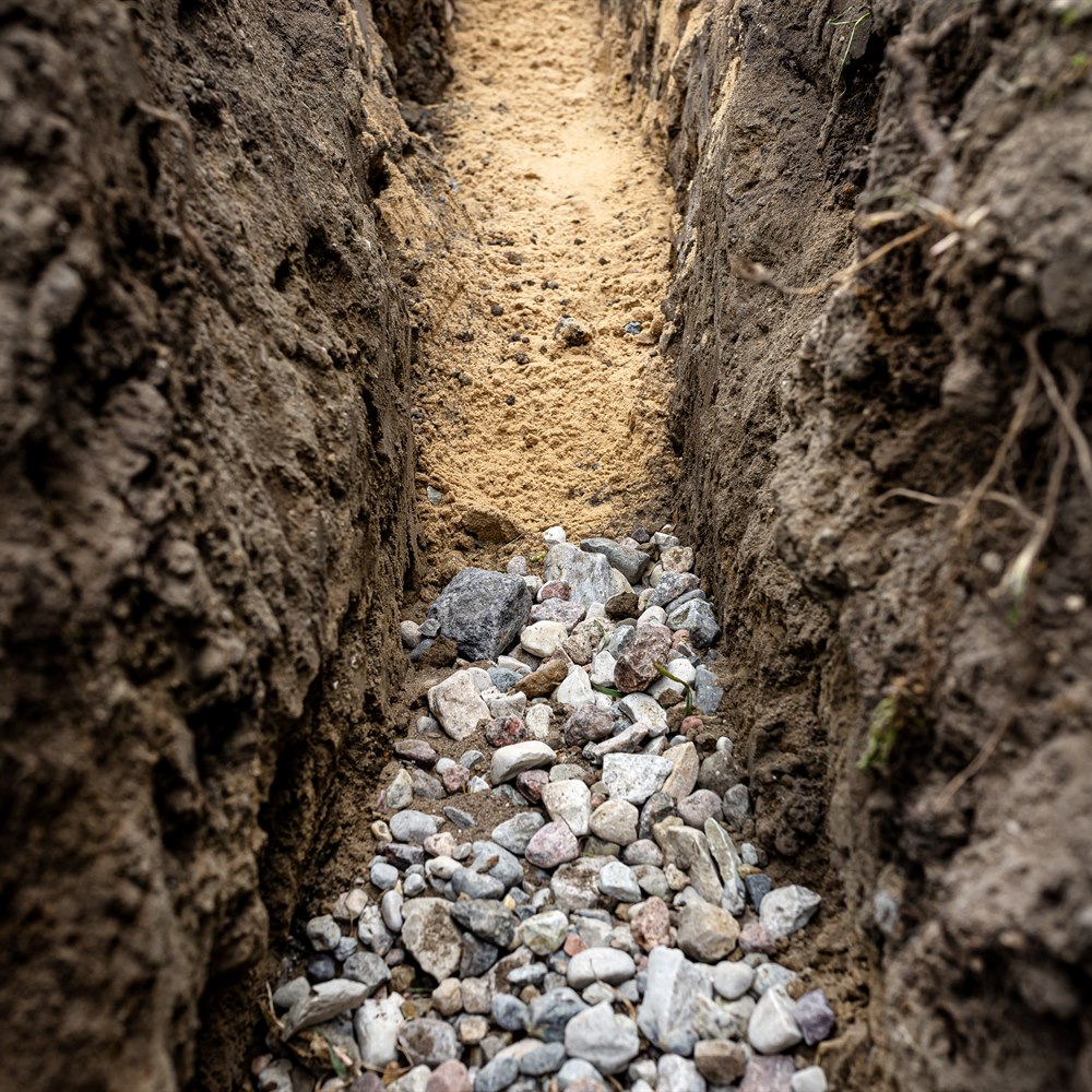 Trench in the ground filled with rocks